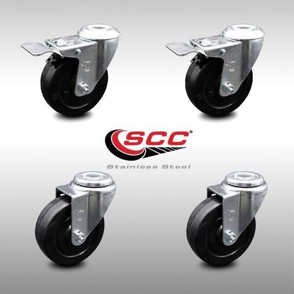 4 Inch SS Soft Rubber Swivel Bolt Hole Caster Set with 2 Total Lock Brake SCC